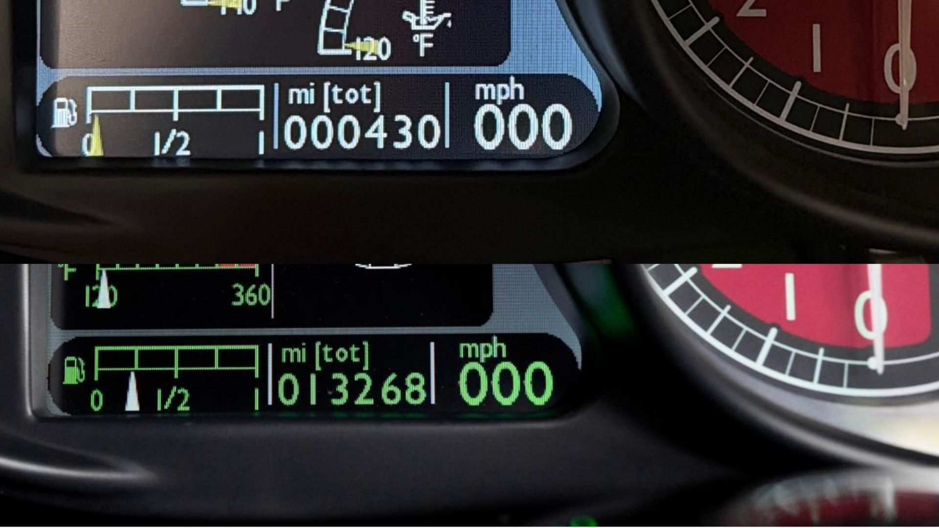 Ferrari Enzo odometers compared, 430 and 13,268 miles, chassis 131242 and 132652